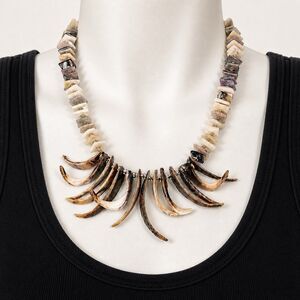 Vintage Horn Statement Necklace 18.5” Neutral Boho Sculptural Bib Spike Fringe